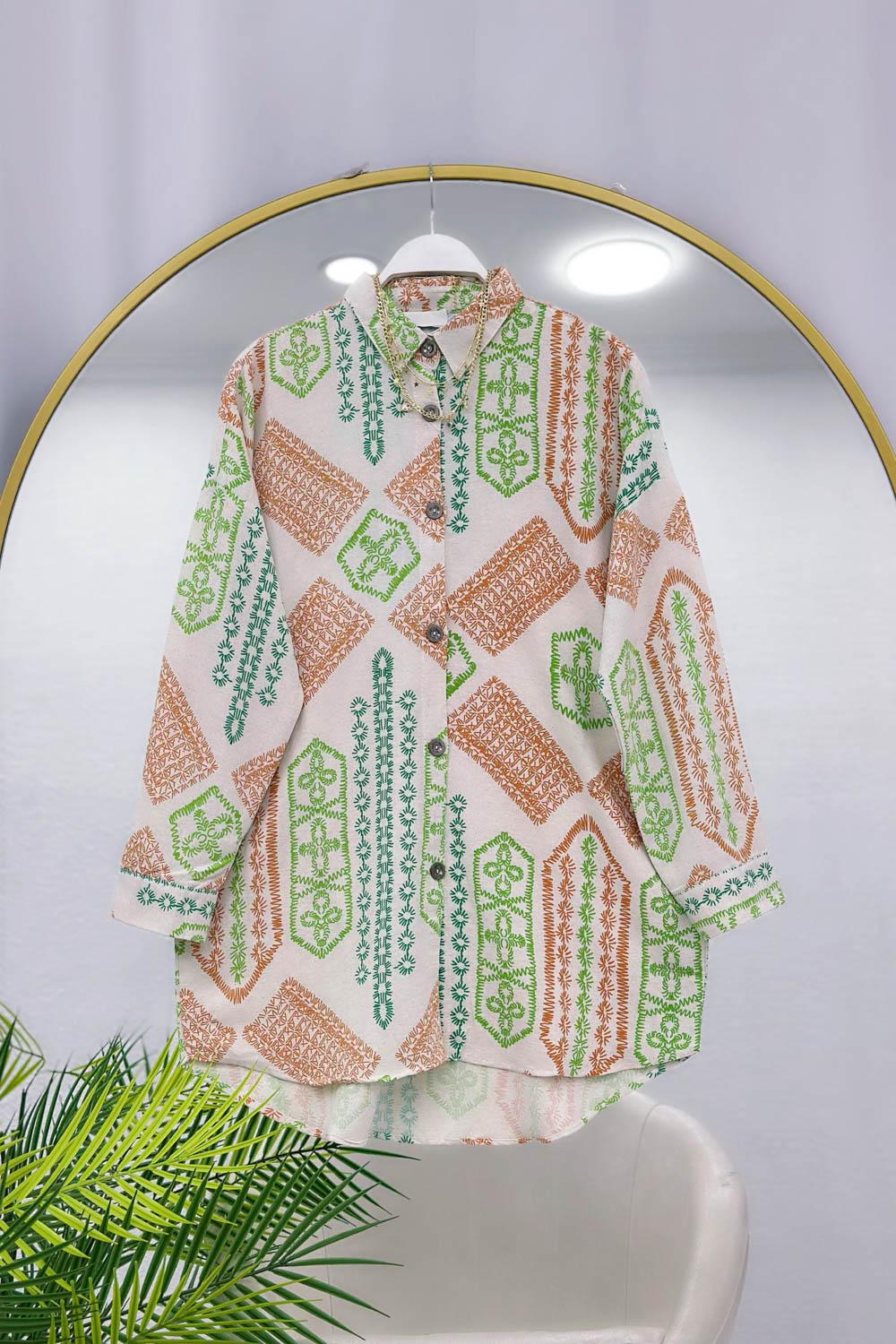 NAKIŞ DESENLİ OVERSİZE KETEN KADIN GÖMLEK