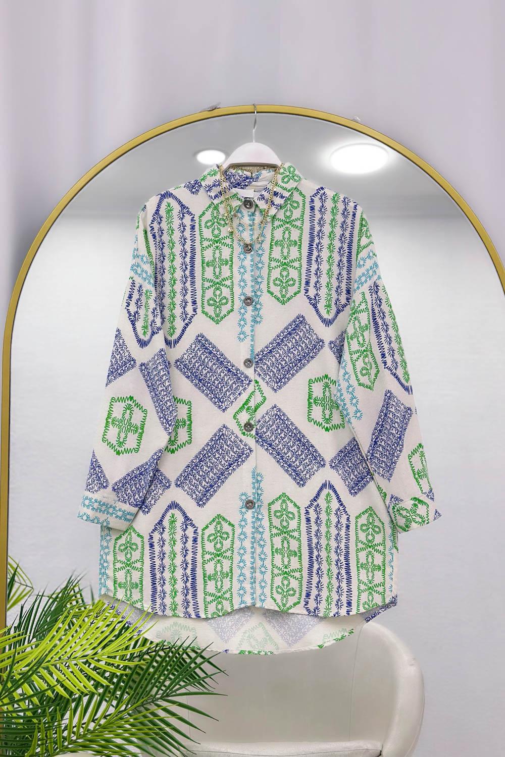 NAKIŞ DESENLİ OVERSİZE KETEN KADIN GÖMLEK