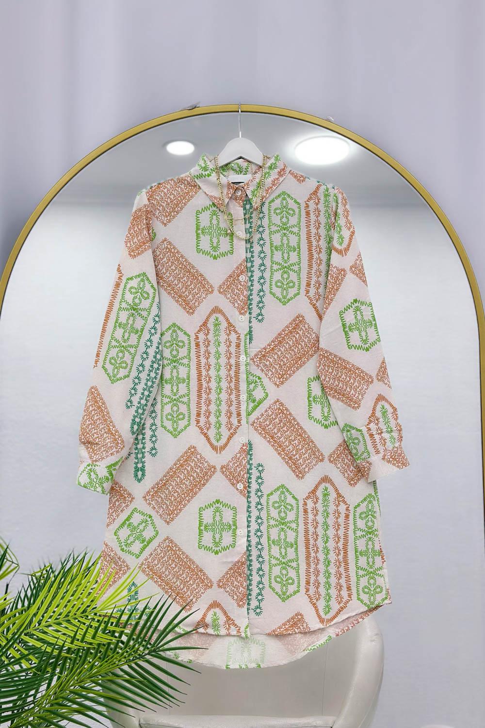 NAKIŞ DESENLİ OVERSİZE KETEN KADIN GÖMLEK