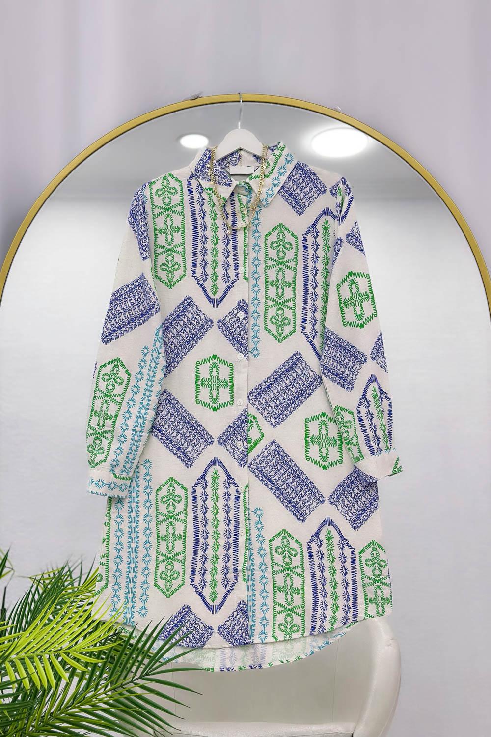 NAKIŞ DESENLİ OVERSİZE KETEN KADIN GÖMLEK