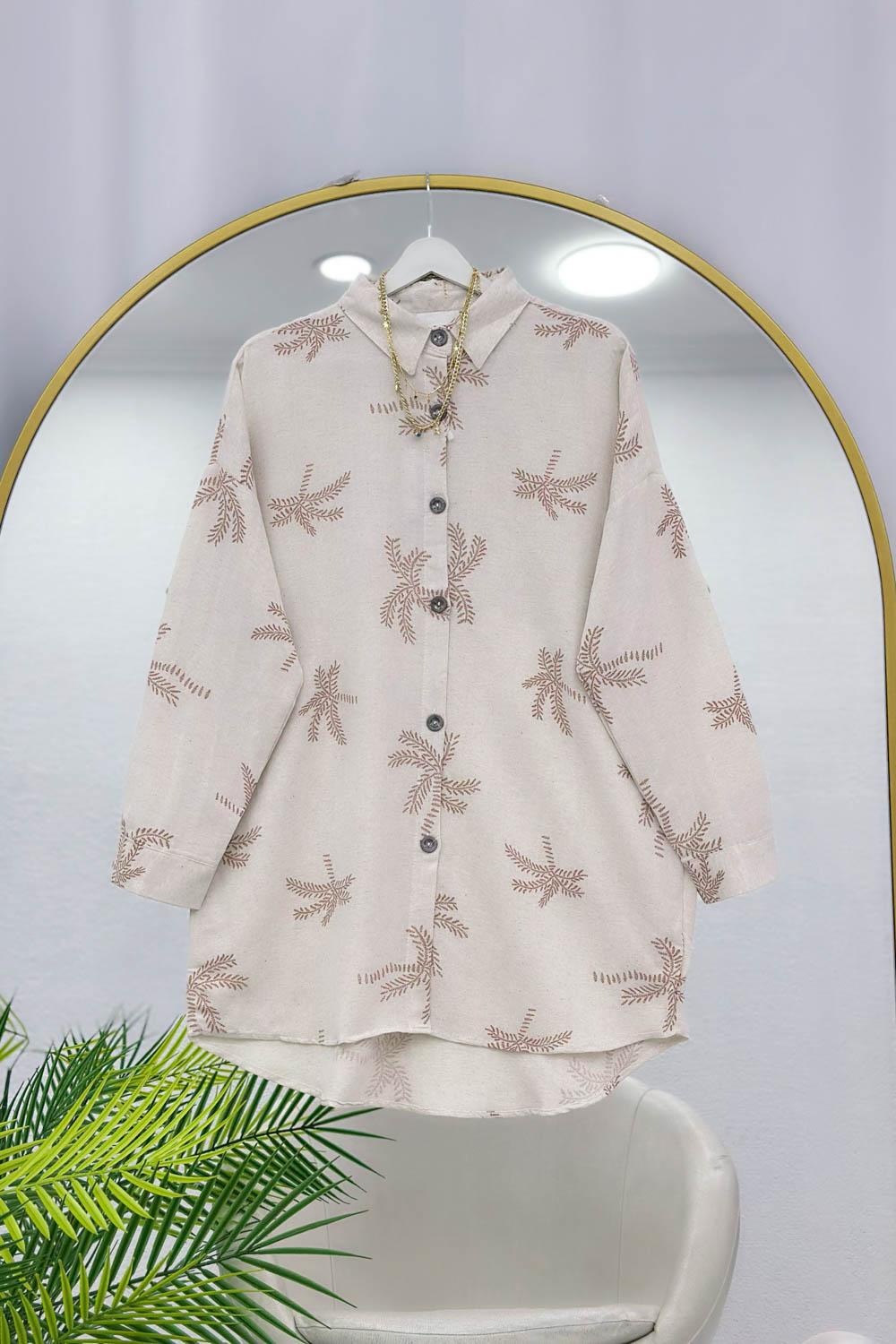 PALMİYE DESENLİ OVERSİZE KETEN KADIN GÖMLEK