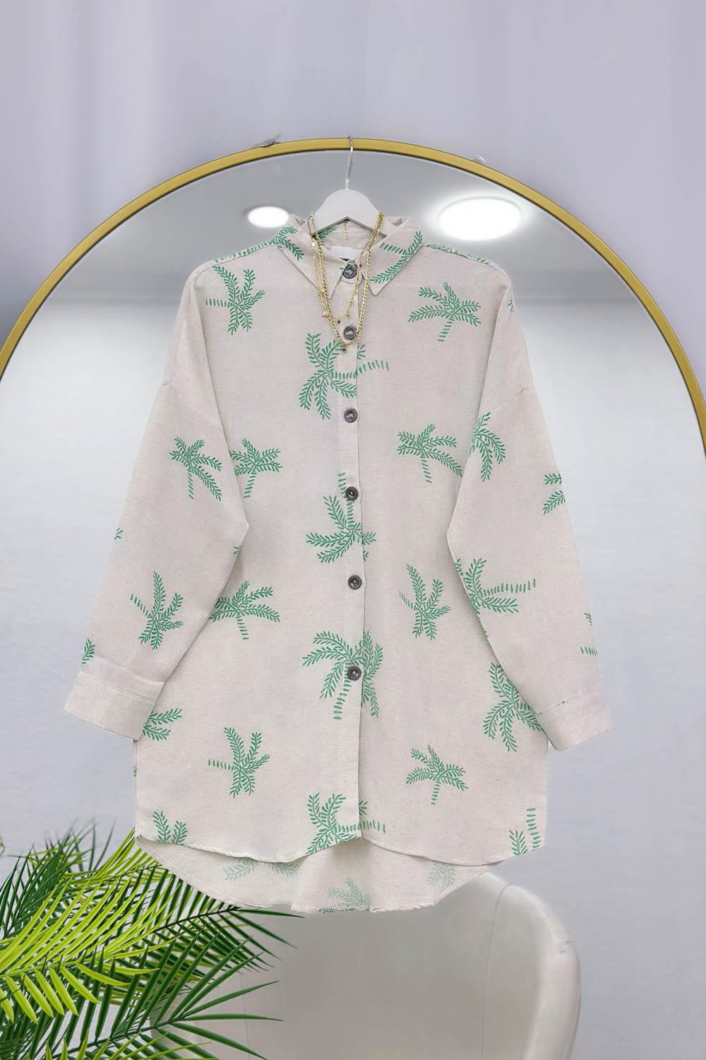 PALMİYE DESENLİ OVERSİZE KETEN KADIN GÖMLEK