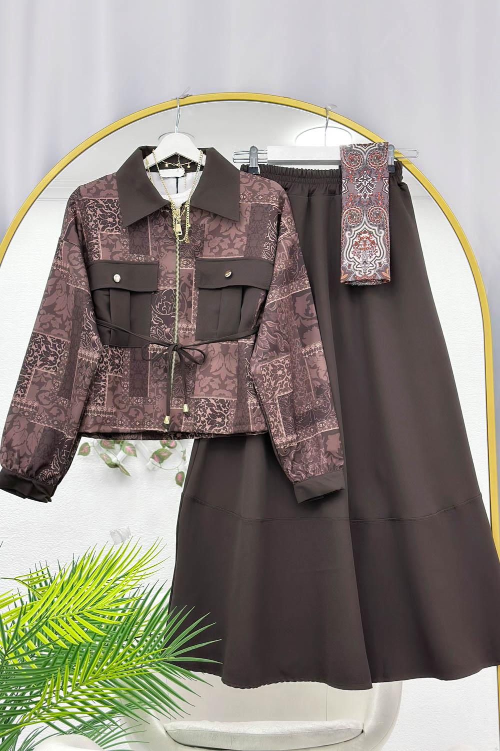 BASKILI CEP DETAYLI KADIN ETEK TAKIM