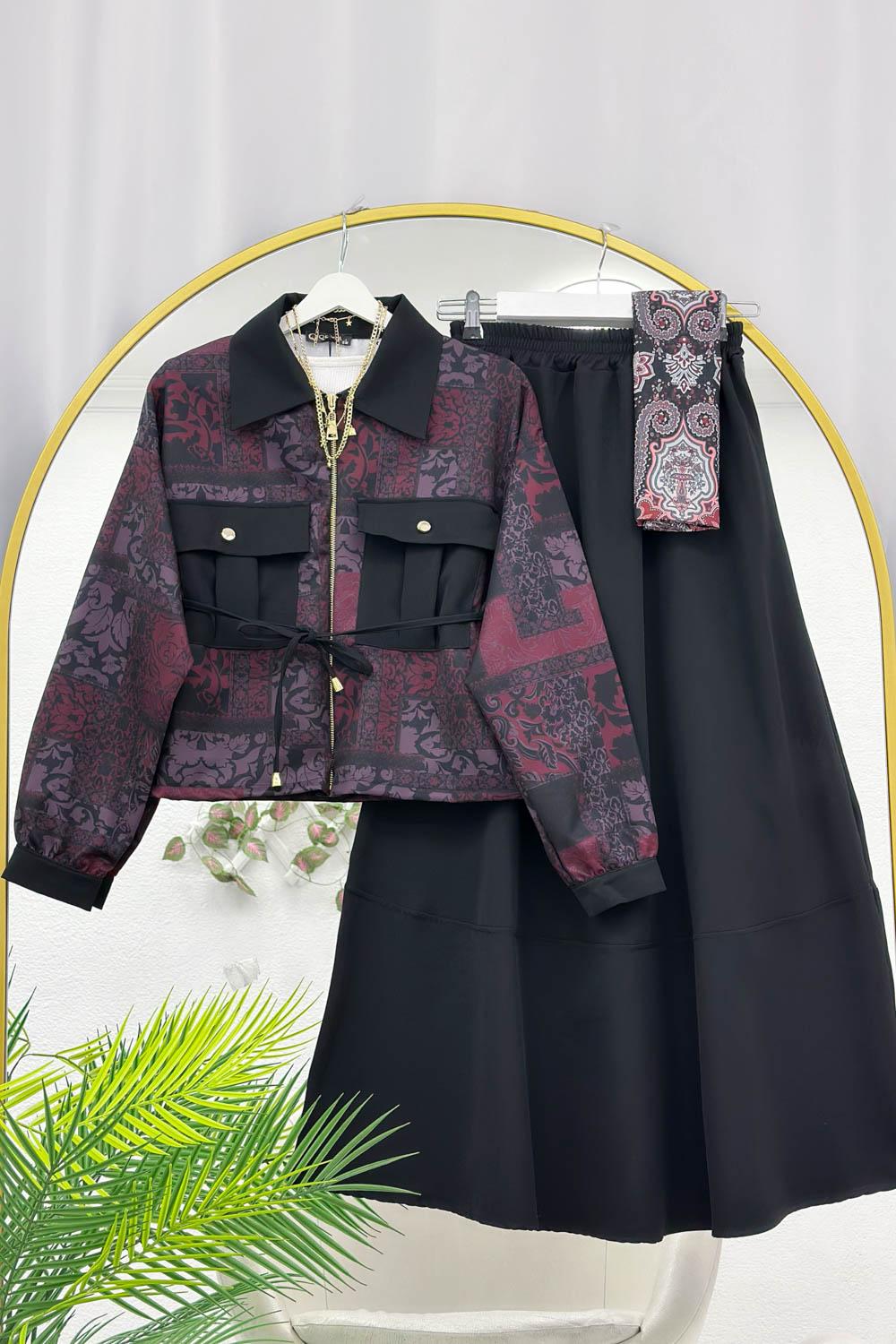 BASKILI CEP DETAYLI KADIN ETEK TAKIM