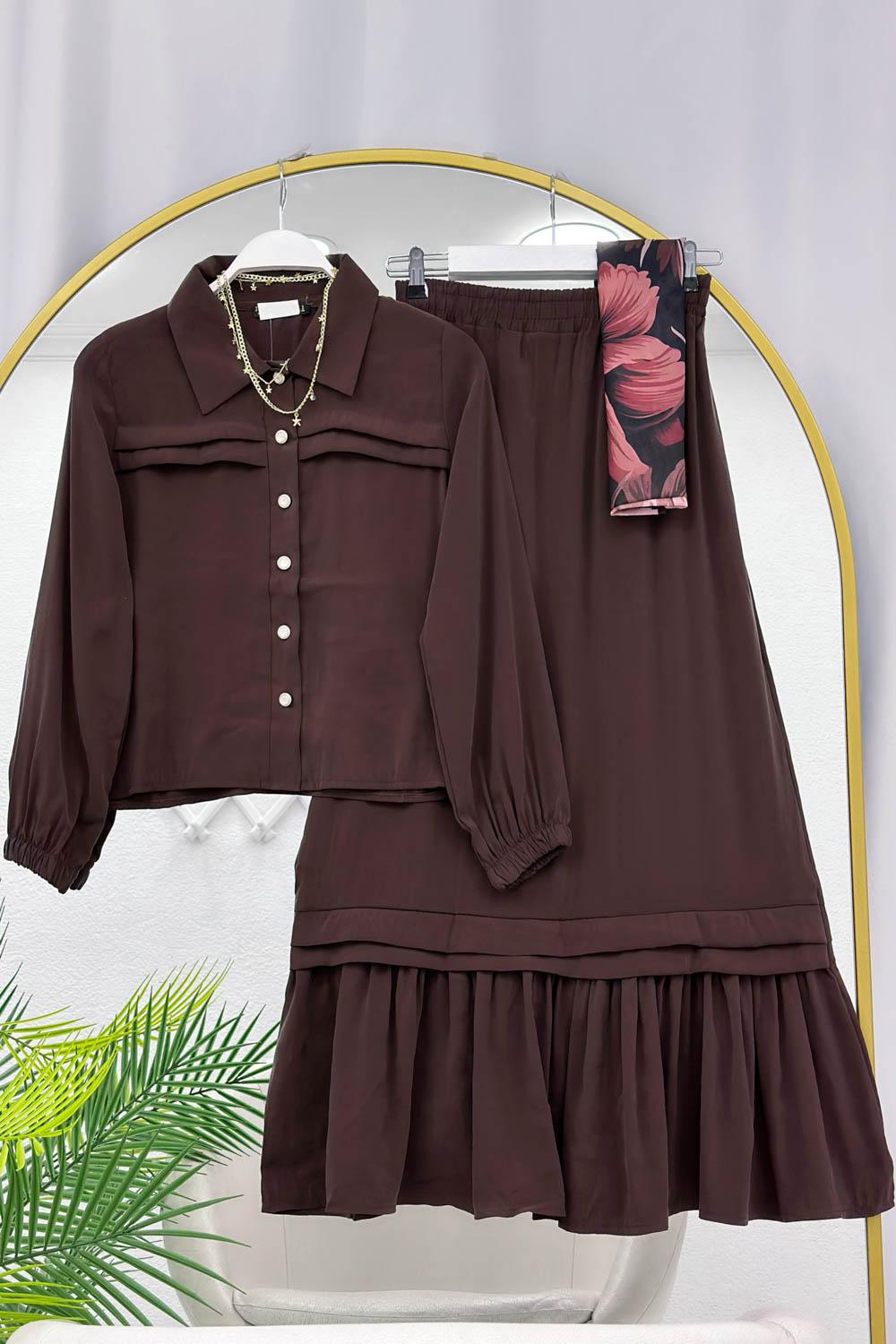 İNCİ DÜĞMELİ FIRFIR ETEKLİ KADIN TAKIM