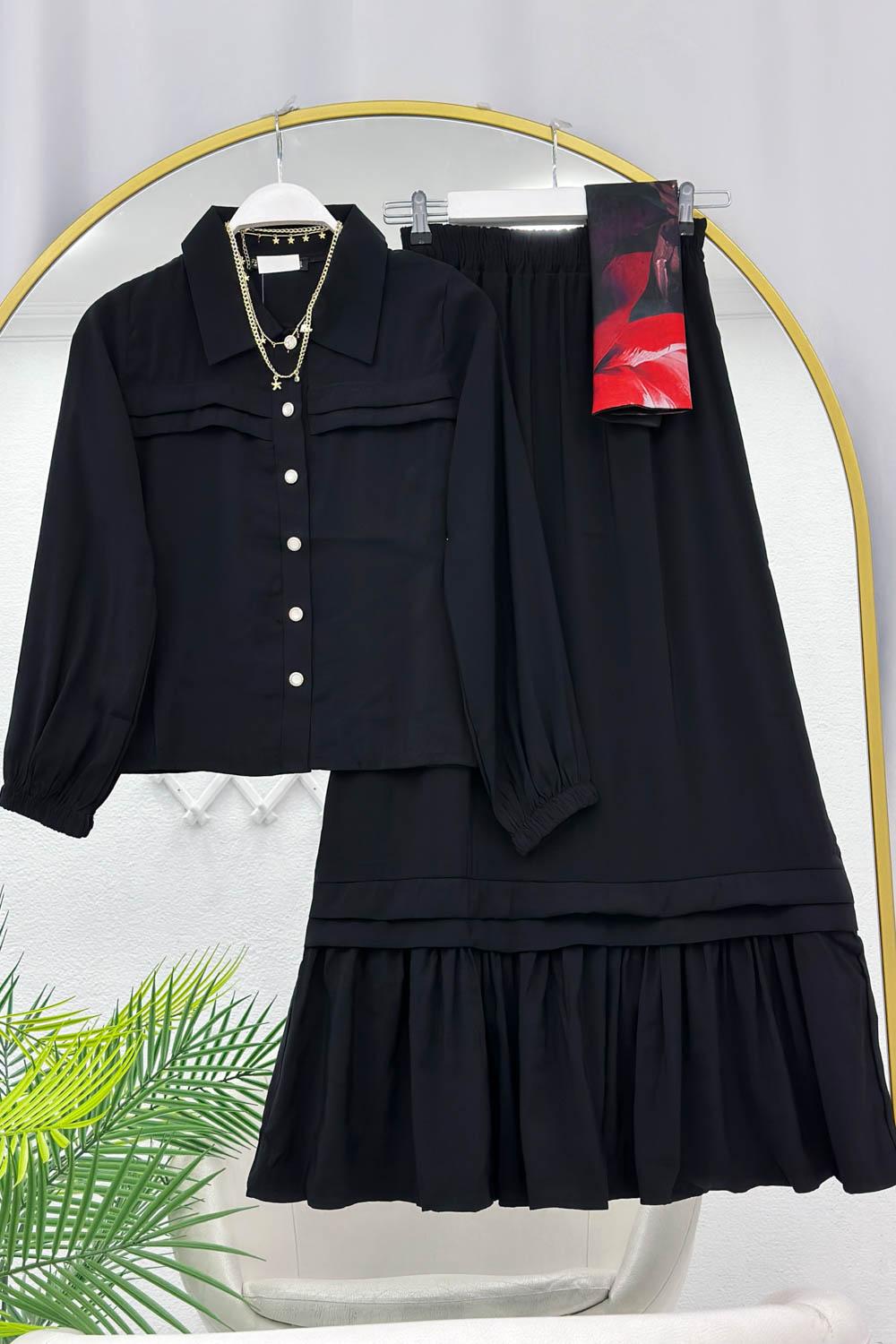 İNCİ DÜĞMELİ FIRFIR ETEKLİ KADIN TAKIM