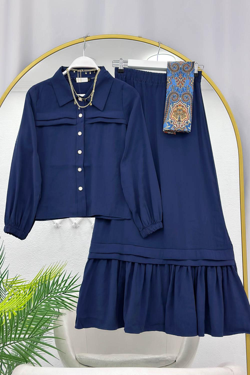 İNCİ DÜĞMELİ FIRFIR ETEKLİ KADIN TAKIM