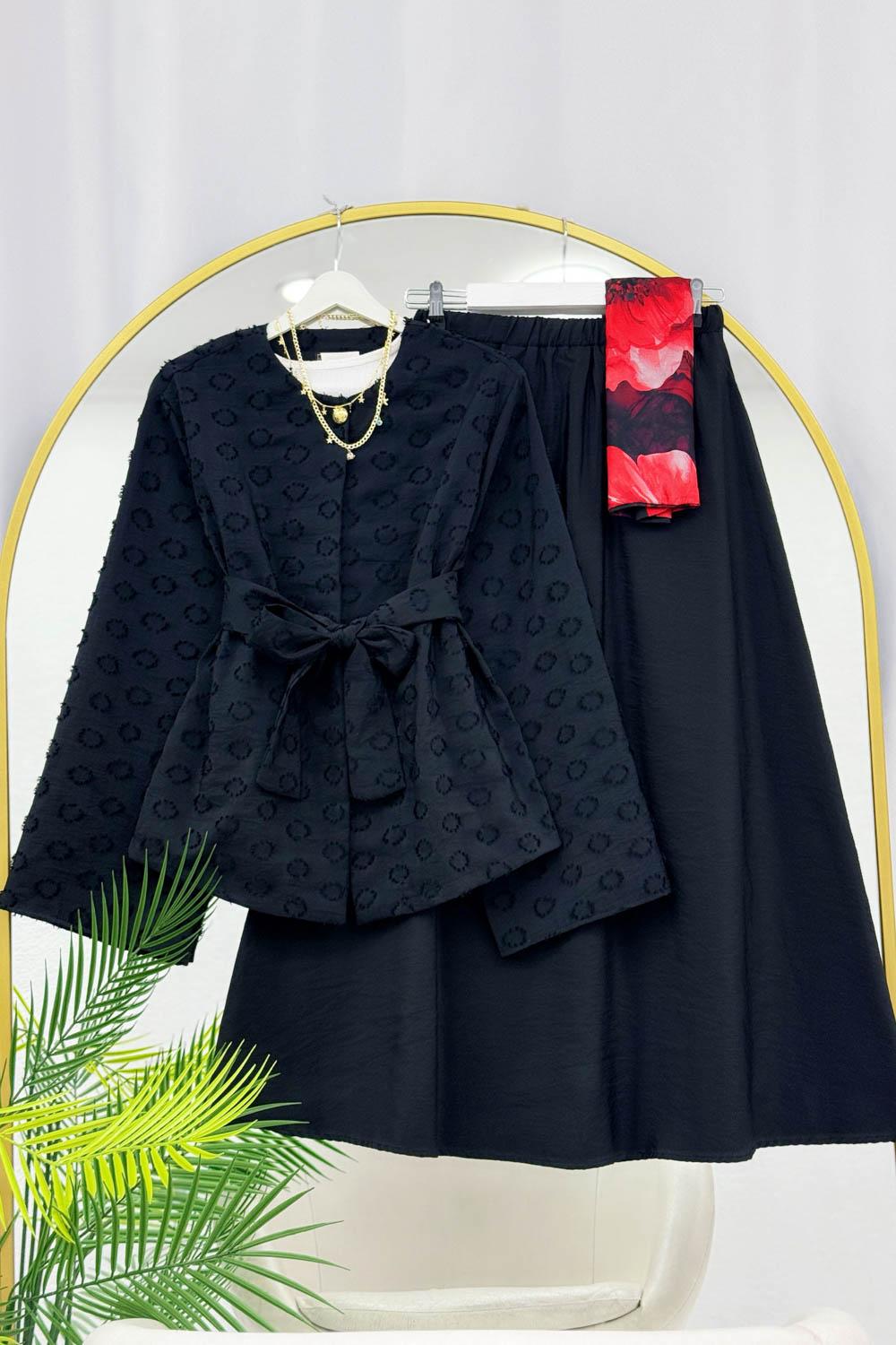 SATEN KUMAŞ KUŞAK DETAYLI ETEKLİ KADIN TAKIM