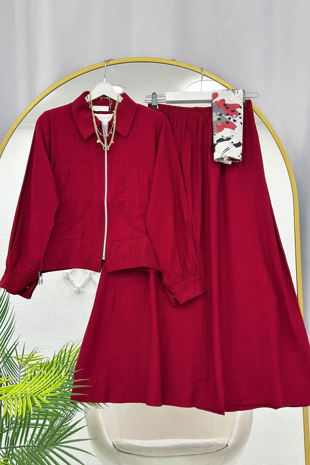 ÇİLEK KUMAŞ KADIN ETEKLİ TAKIM