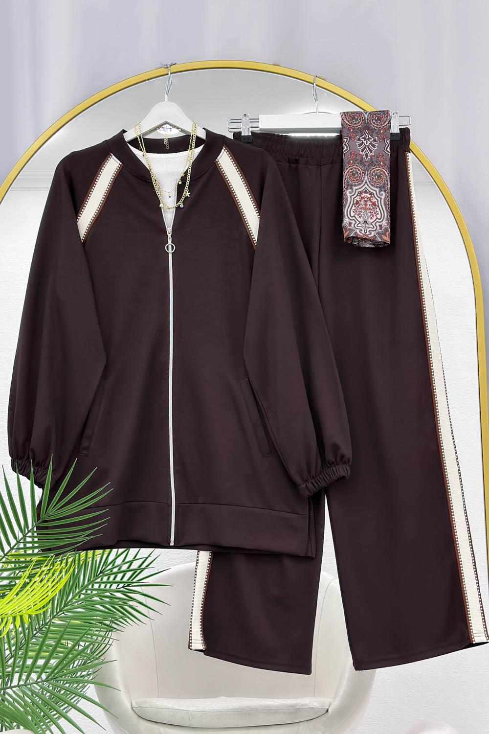 HASIR ŞERİTLİ FERMUAR DETAYLI PANTOLONLU KADIN TAKIM