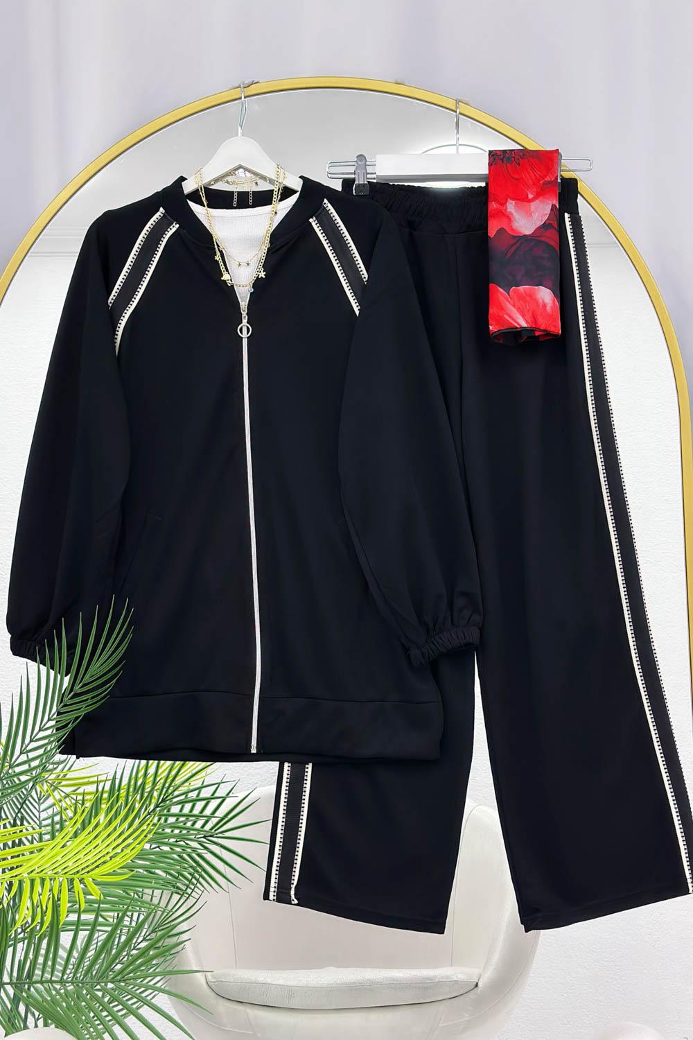 HASIR ŞERİTLİ FERMUAR DETAYLI PANTOLONLU KADIN TAKIM