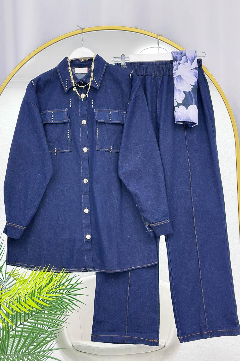 METALİK BONCUK DETAYLI PANTOLONLU KADIN KOT TAKIM