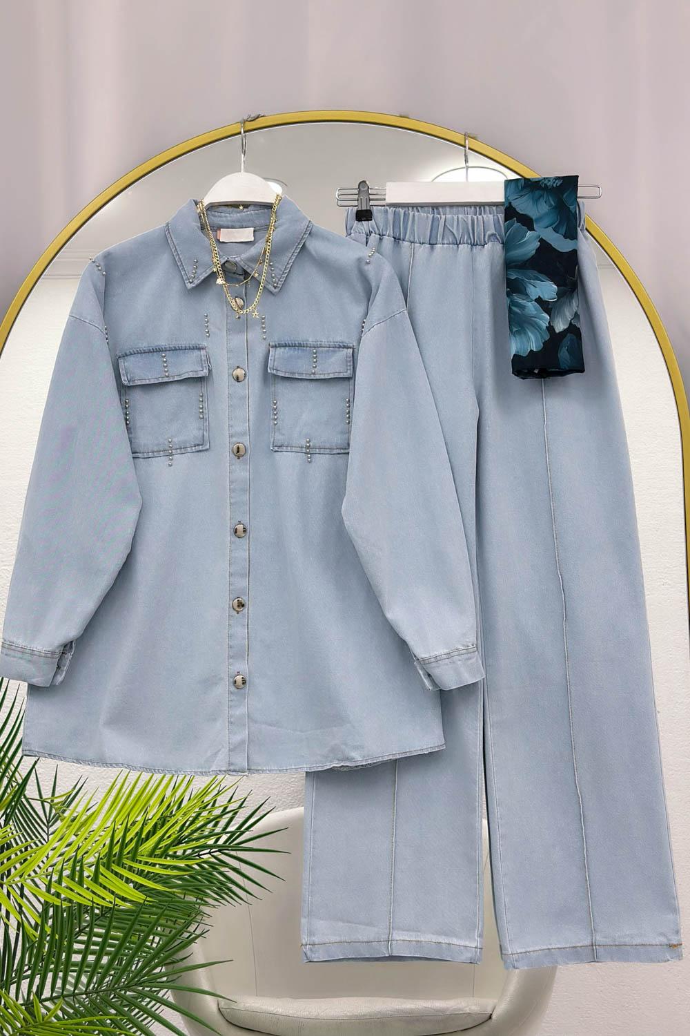 METALİK BONCUK DETAYLI PANTOLONLU KADIN KOT TAKIM