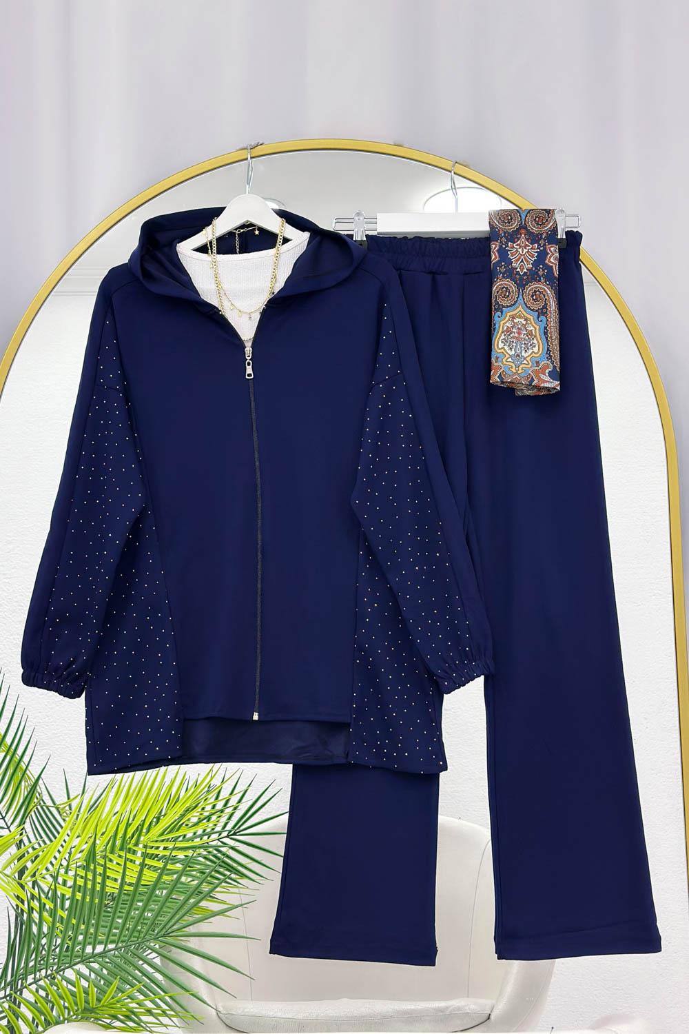 KOLLARI TAŞLI FERMUARLI PENYE EŞORTMAN TAKIMI