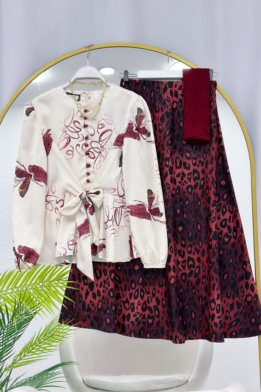 SATEN KUMAŞ LEOPARLI ETEK TAKIM