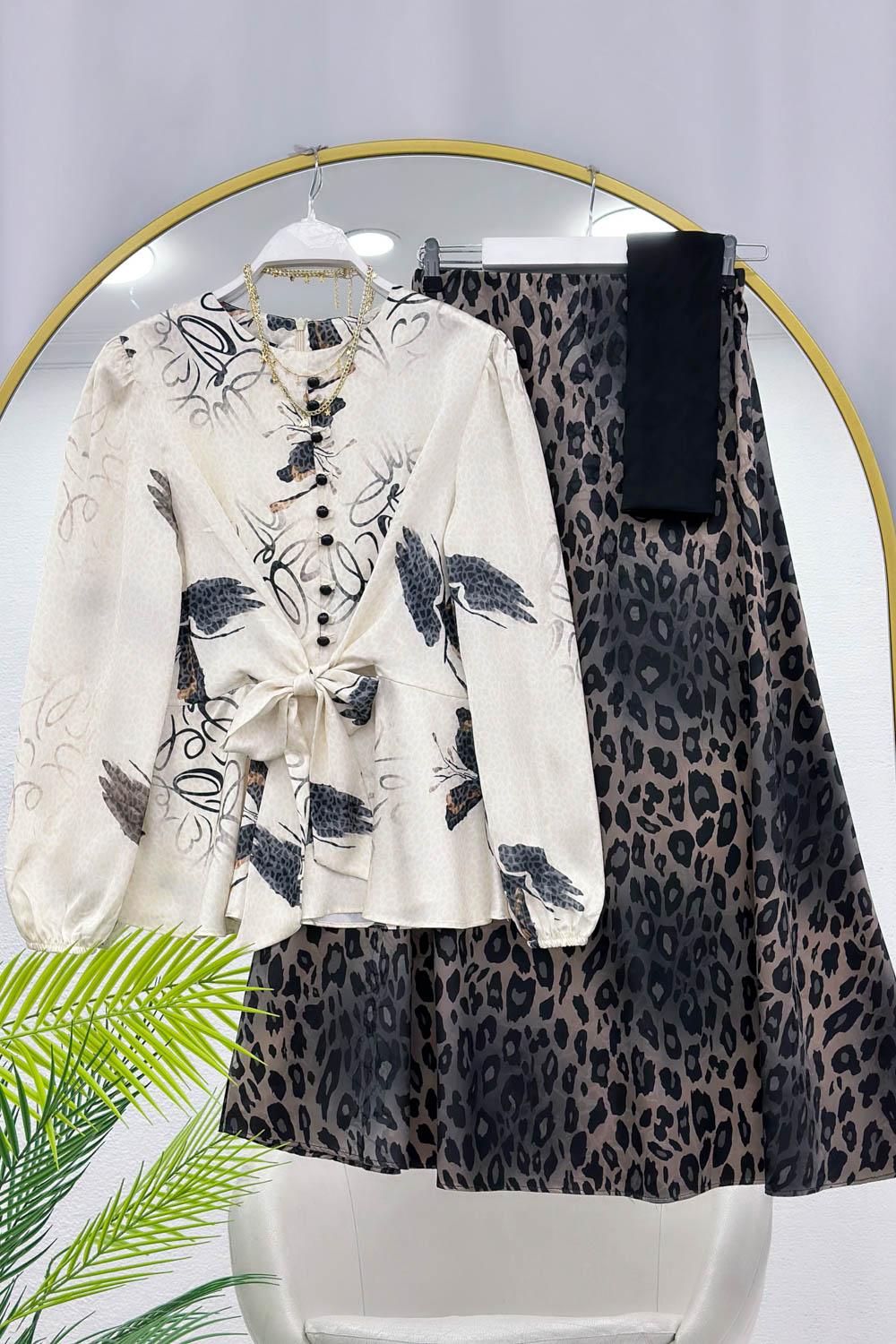 SATEN KUMAŞ LEOPARLI ETEK TAKIM