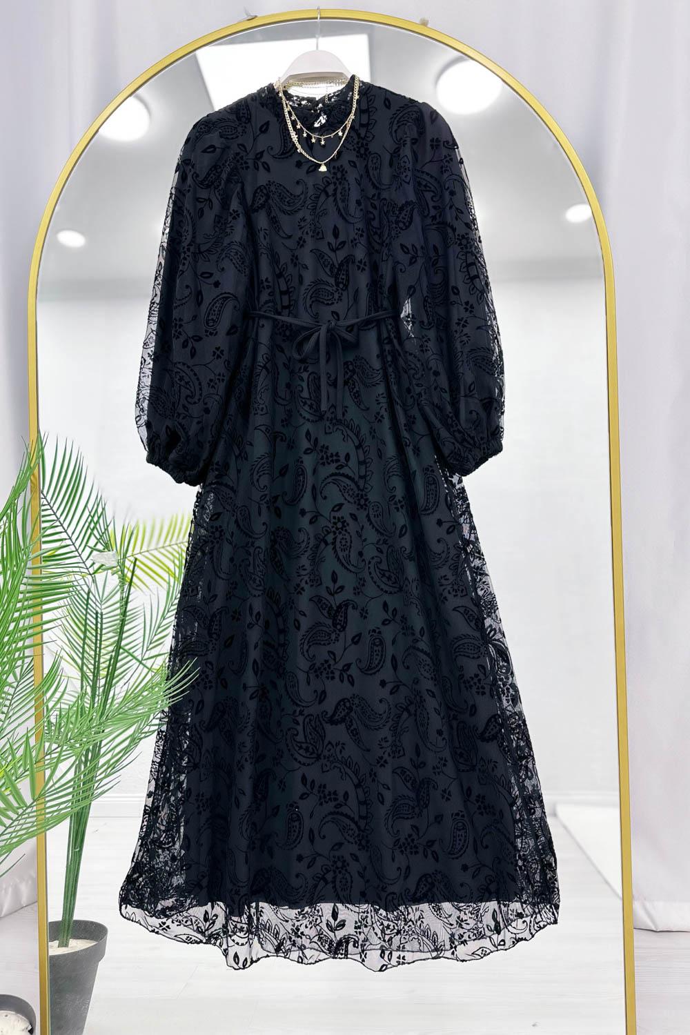 BELDEN BAGLAMALI DANTEL KAPLAMA  KADIN ABİYE ELBİSE