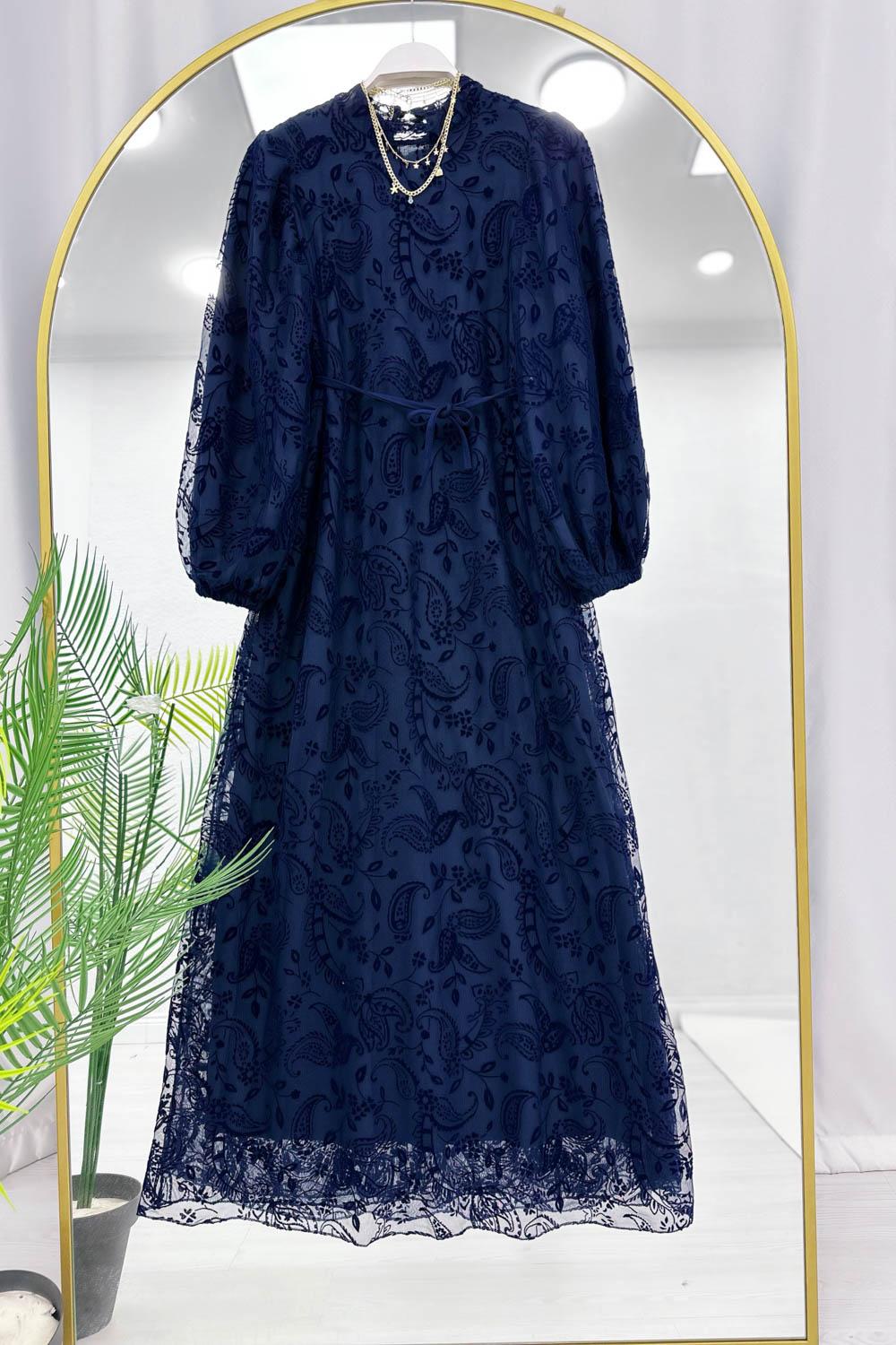 BELDEN BAGLAMALI DANTEL KAPLAMA  KADIN ABİYE ELBİSE