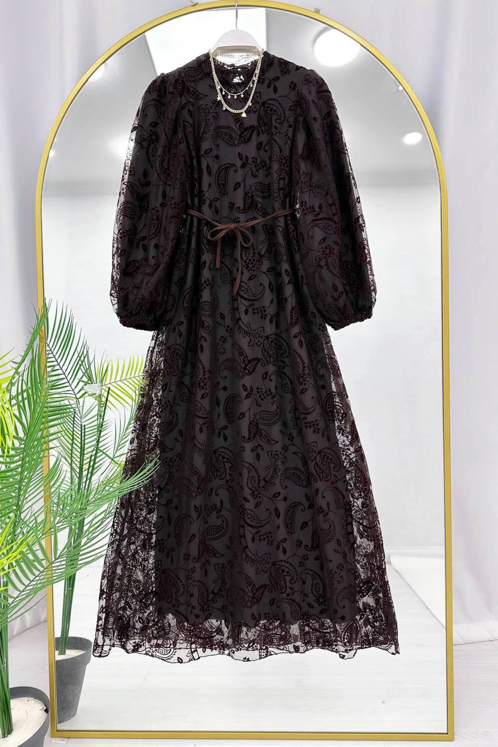 BELDEN BAGLAMALI DANTEL KAPLAMA  KADIN ABİYE ELBİSE