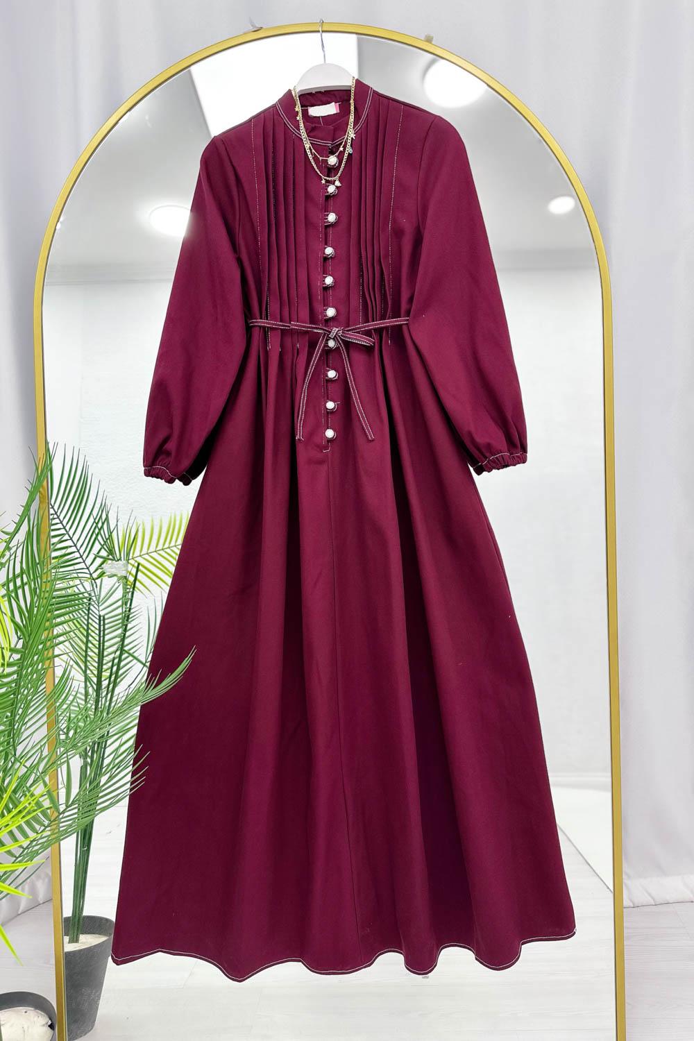 TAŞ DÜĞMELİ İPLİ KADIN KOT ELBİSE