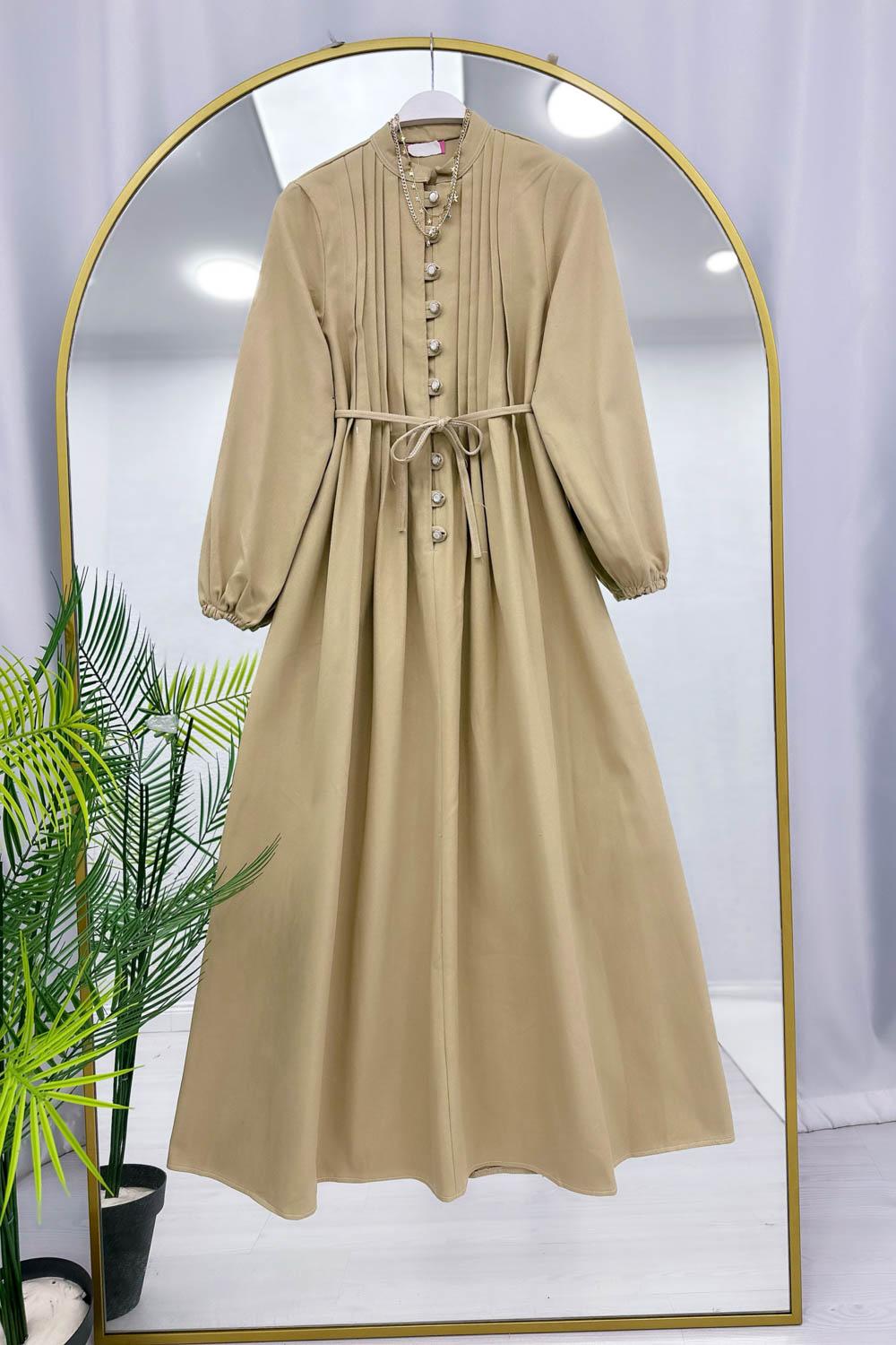 TAŞ DÜĞMELİ İPLİ KADIN KOT ELBİSE