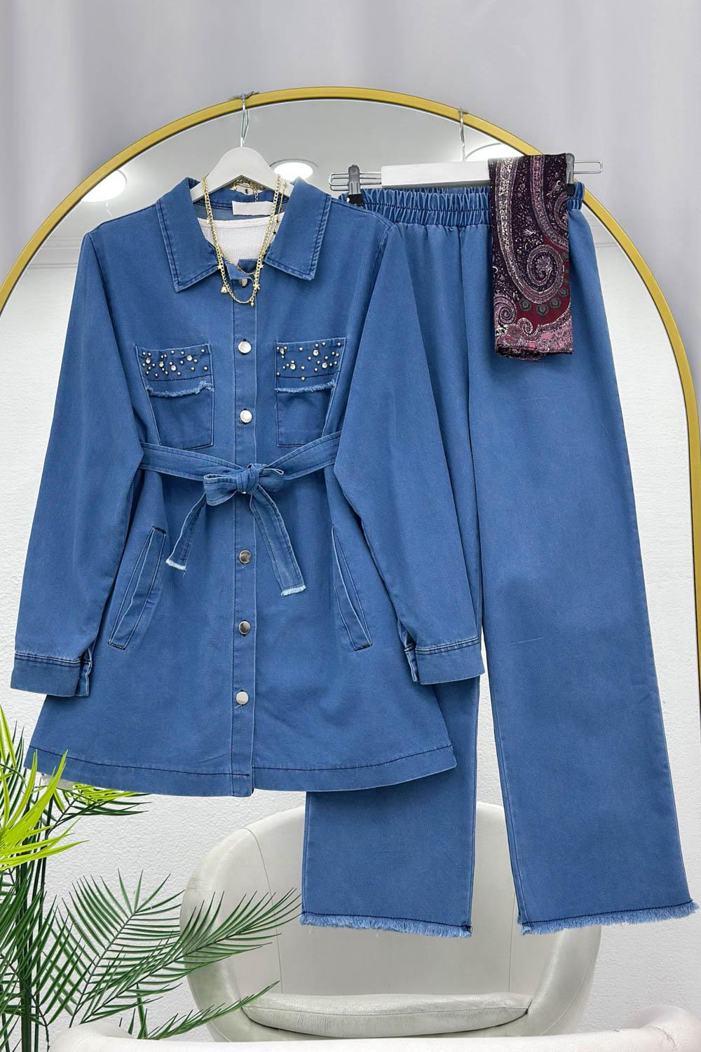 TAŞ İŞLEMELİ ESKİTMELİ KOT TAKIM