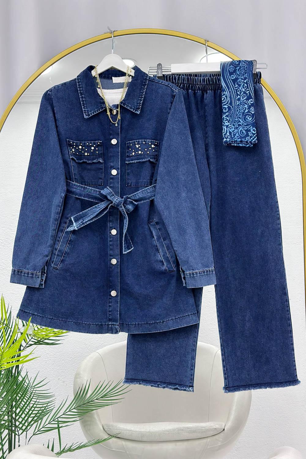 TAŞ İŞLEMELİ ESKİTMELİ KOT TAKIM