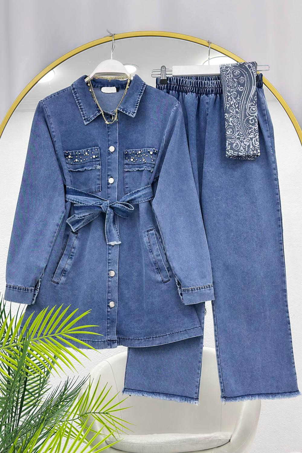 TAŞ İŞLEMELİ ESKİTMELİ KOT TAKIM