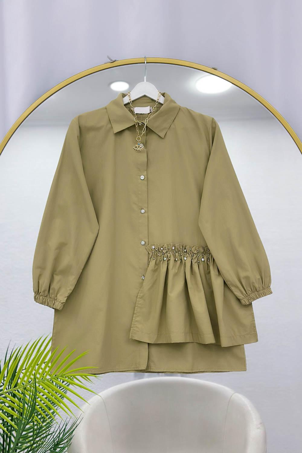 TAŞ İŞLEMELİ BÜZGÜLÜ GÖMLEK