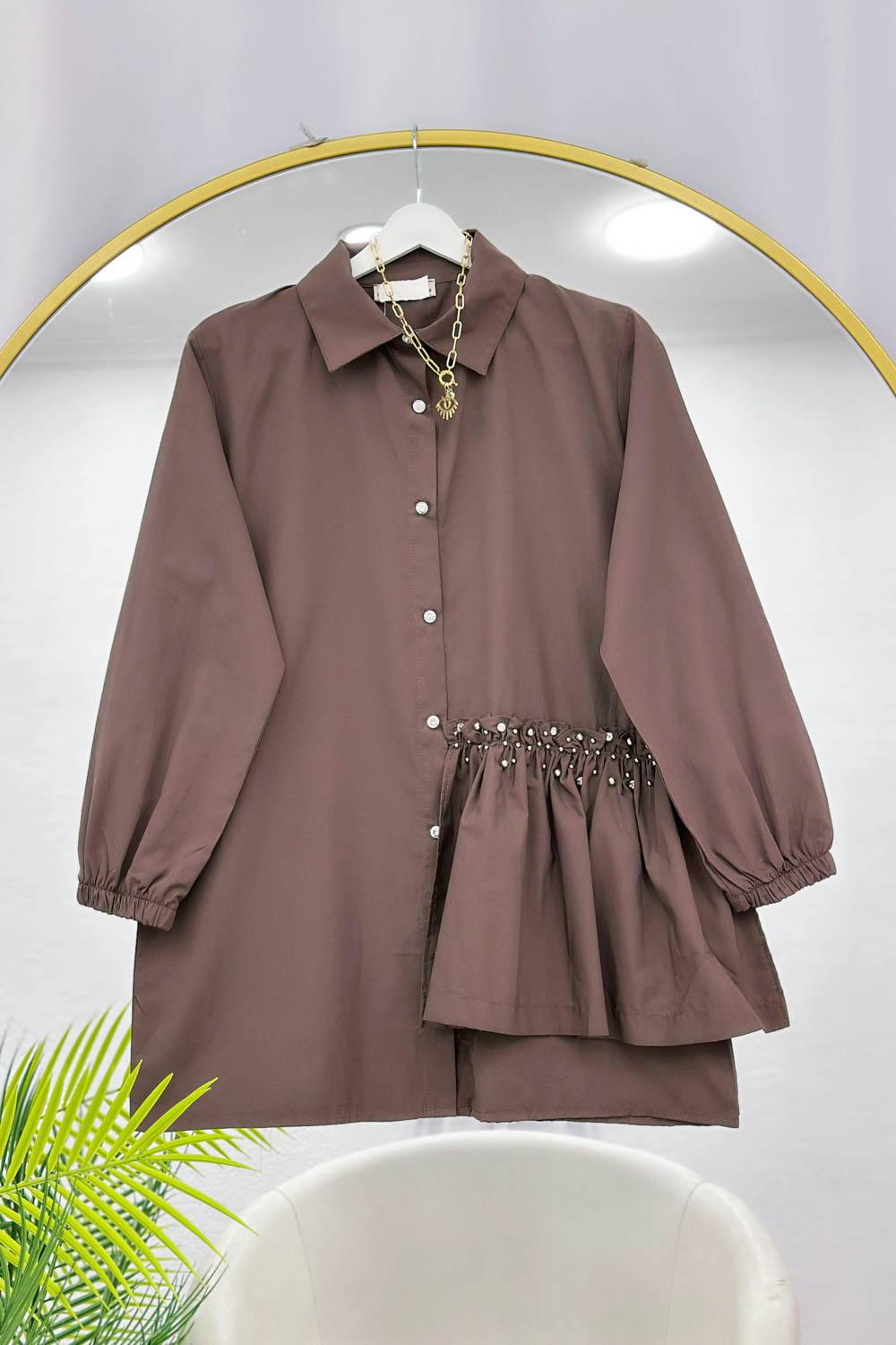 TAŞ İŞLEMELİ BÜZGÜLÜ GÖMLEK