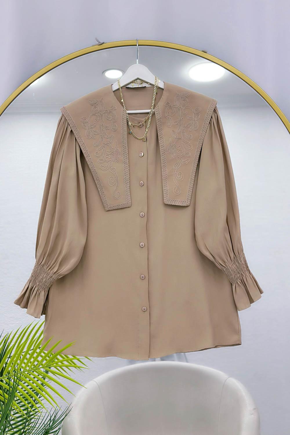 UZUN YAKALI NAKIŞLI TENSEL GÖMLEK