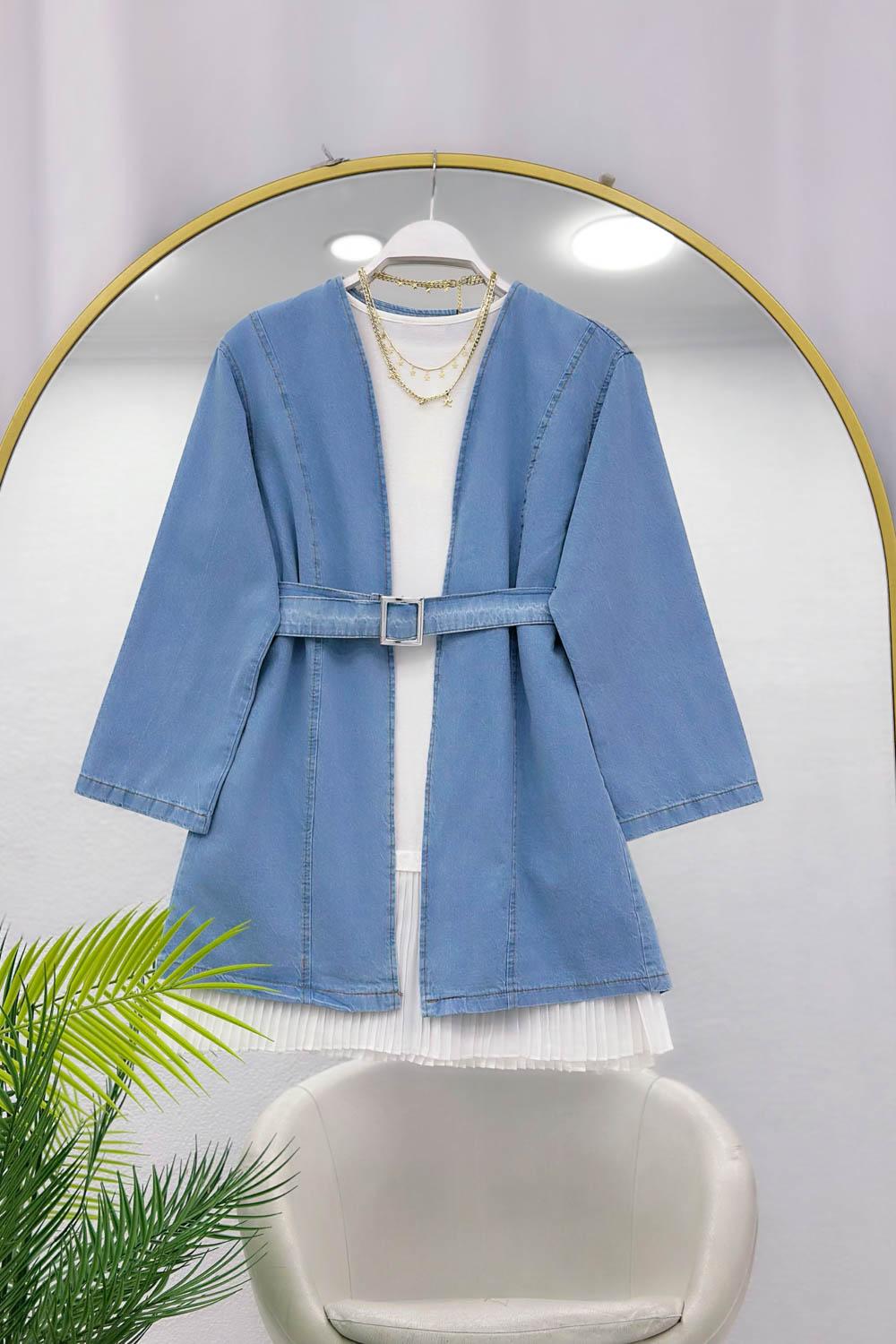 KEMERLİ KOT KİMONO CEKET