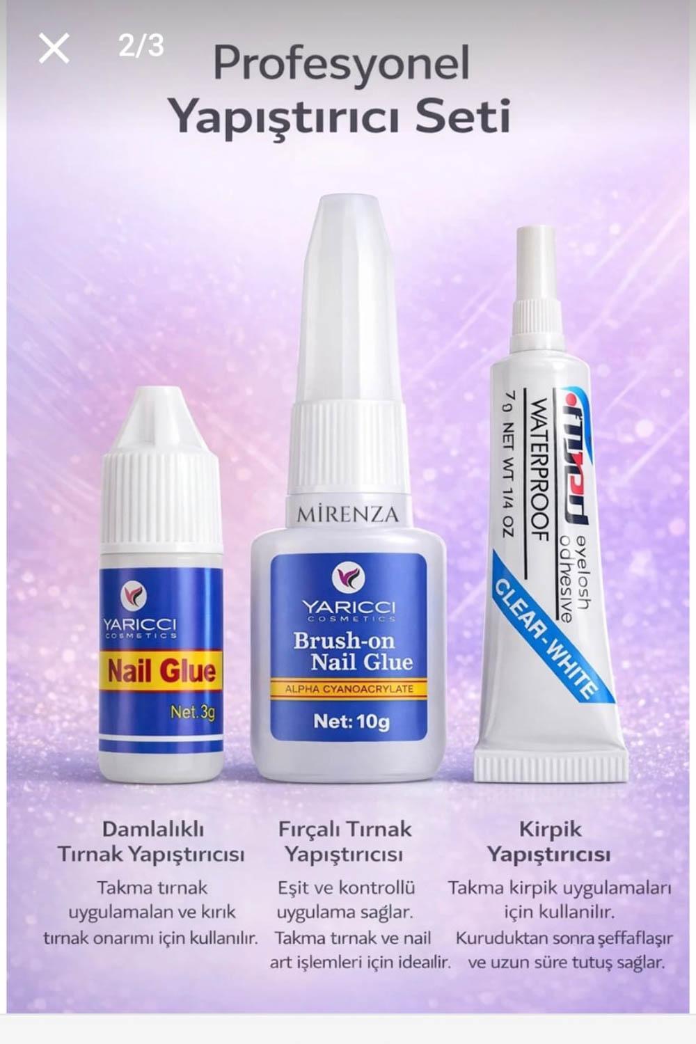 YARICCI 3LÜ SET FIRÇALI TAKMA TIRNAK KİRPİK YAPIŞTIRICISI