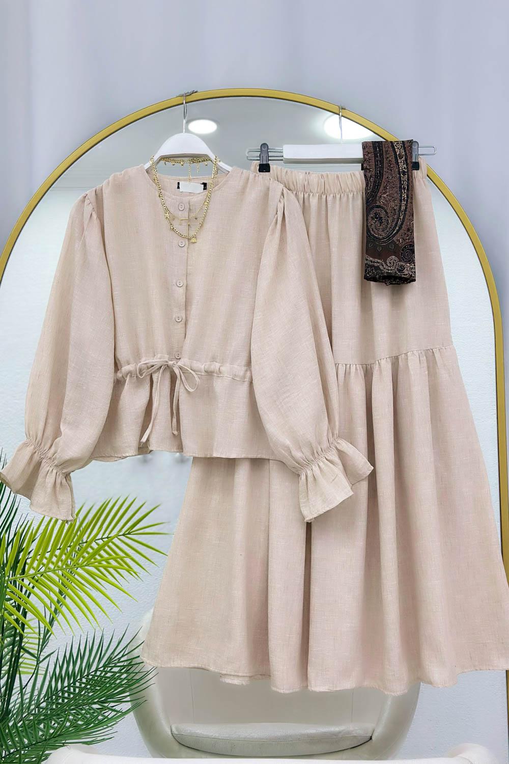 KETEN BELİ BÜZGÜLÜ ETEKLİ TAKIM