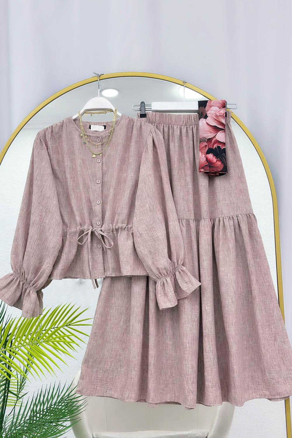 KETEN BELİ BÜZGÜLÜ ETEKLİ TAKIM