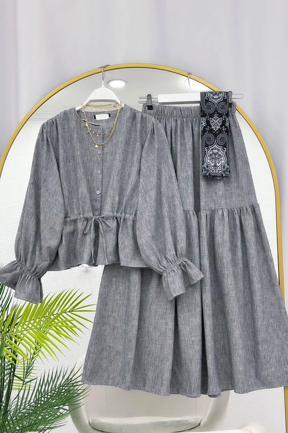 KETEN BELİ BÜZGÜLÜ ETEKLİ TAKIM