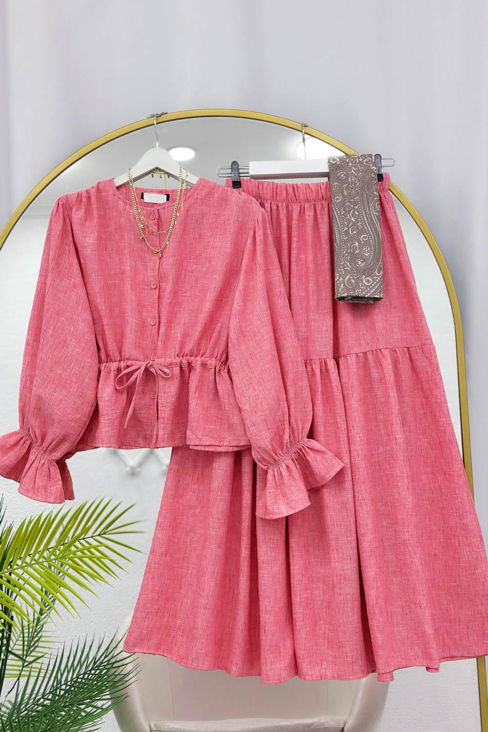 KETEN BELİ BÜZGÜLÜ ETEKLİ TAKIM