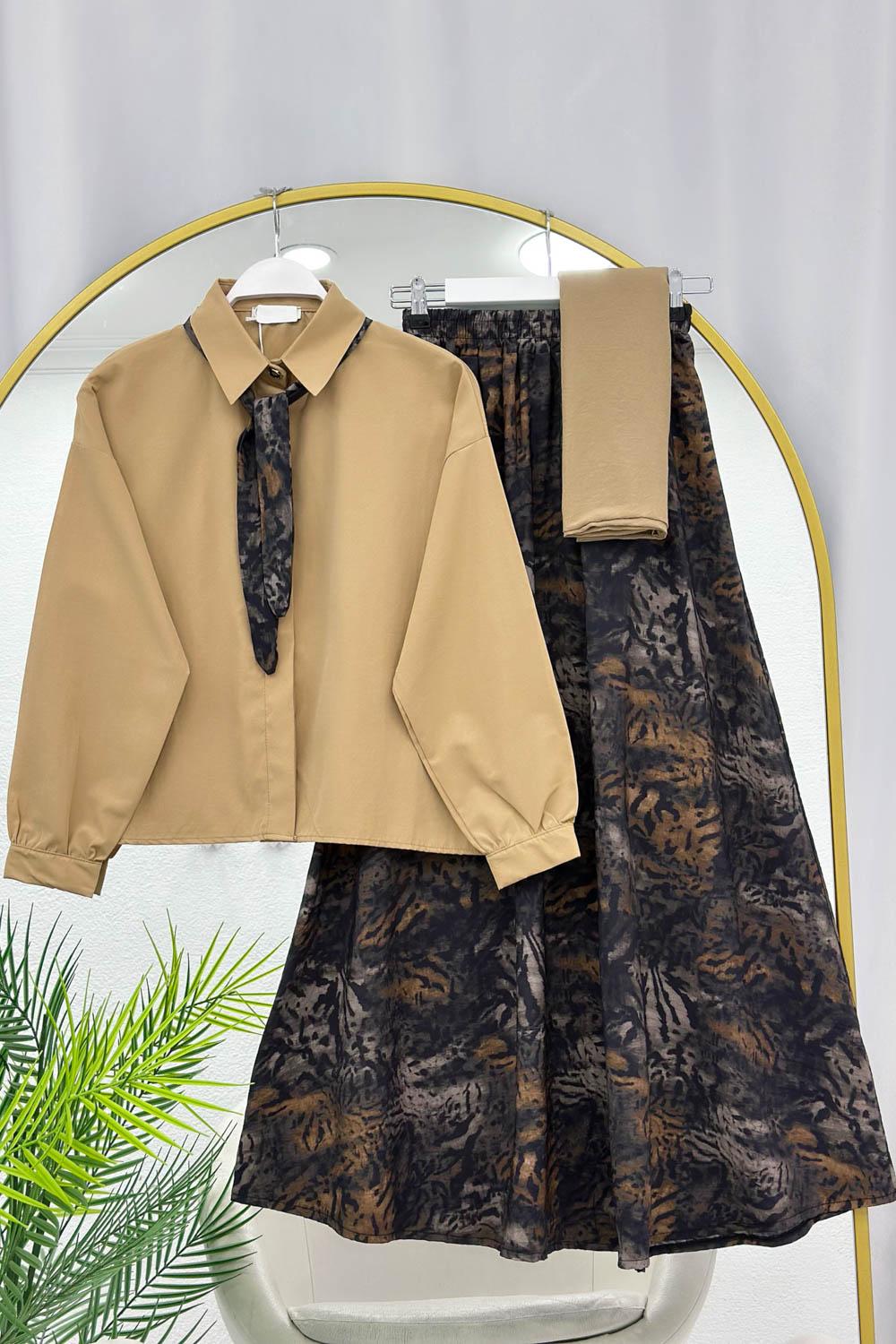 DALGALI FULARLI MODAL ETEKLİ TAKIM