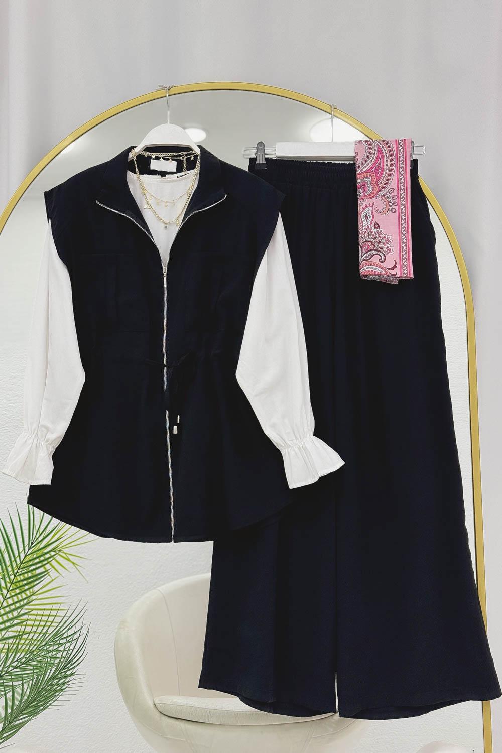 TENSEL KUMAŞ BELİ BÜZGÜLÜ PANTOLONLU YTAKIM