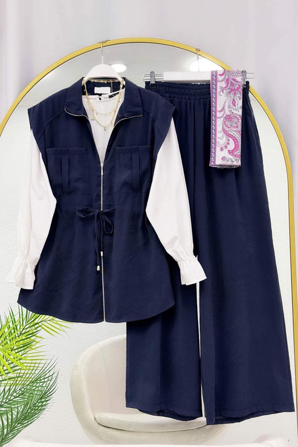 TENSEL KUMAŞ BELİ BÜZGÜLÜ PANTOLONLU YTAKIM