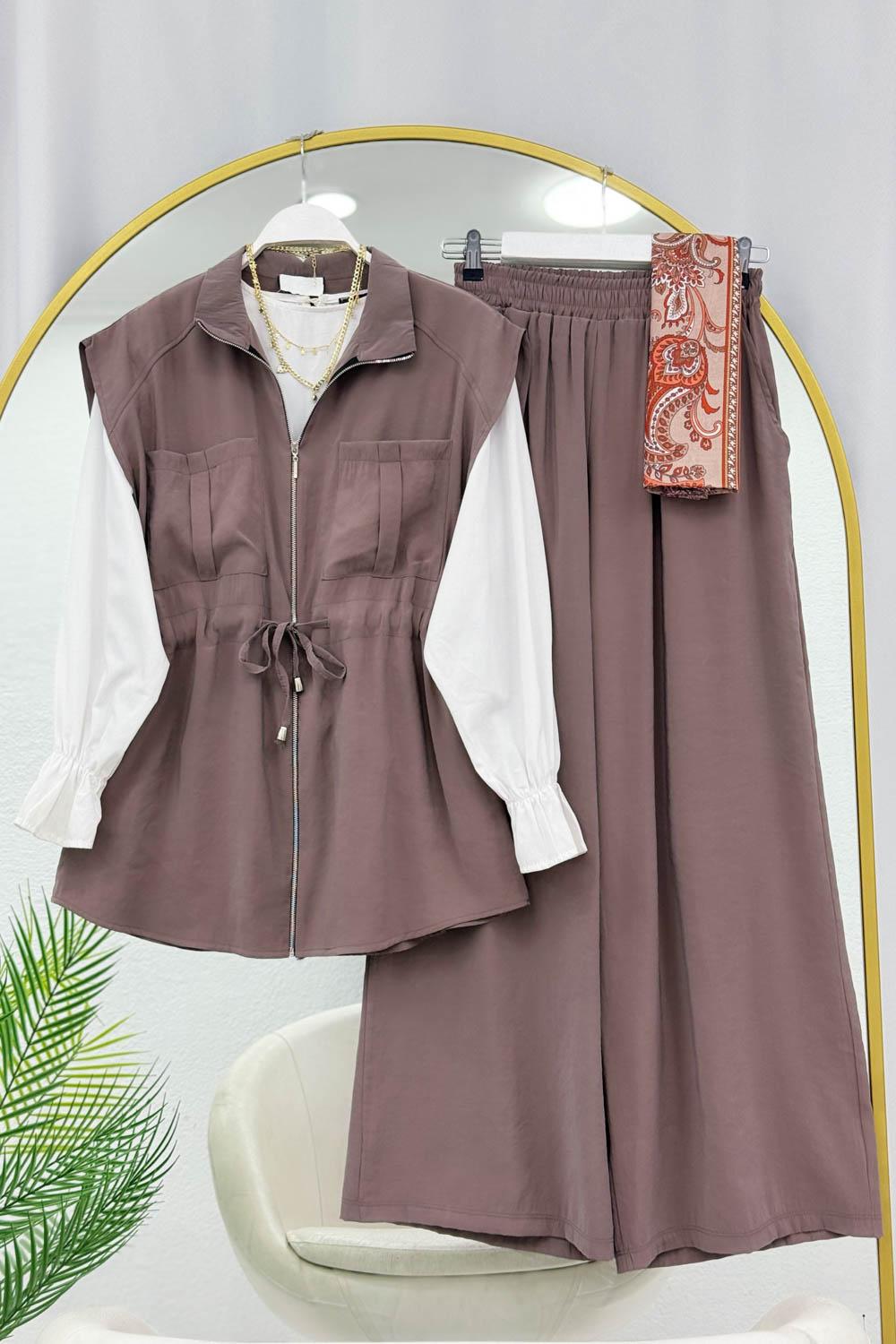 TENSEL KUMAŞ BELİ BÜZGÜLÜ PANTOLONLU YTAKIM