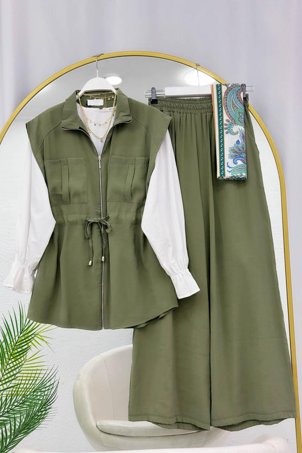 TENSEL KUMAŞ BELİ BÜZGÜLÜ PANTOLONLU YTAKIM