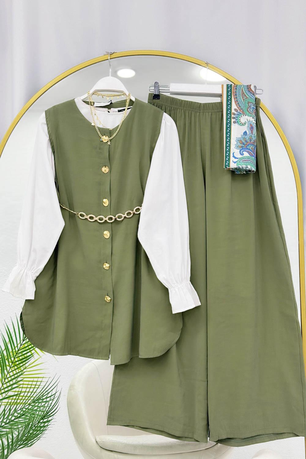 LÜLE TAŞ DETAYLI YELEK PANTOLONLU KADIN TAKIM 