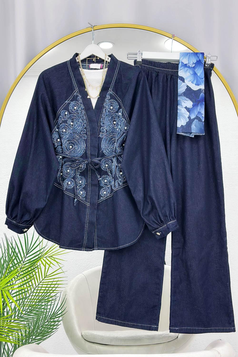 BONCUK  DESENLİ PANTOLONLU KADIN  KOT TAKIM