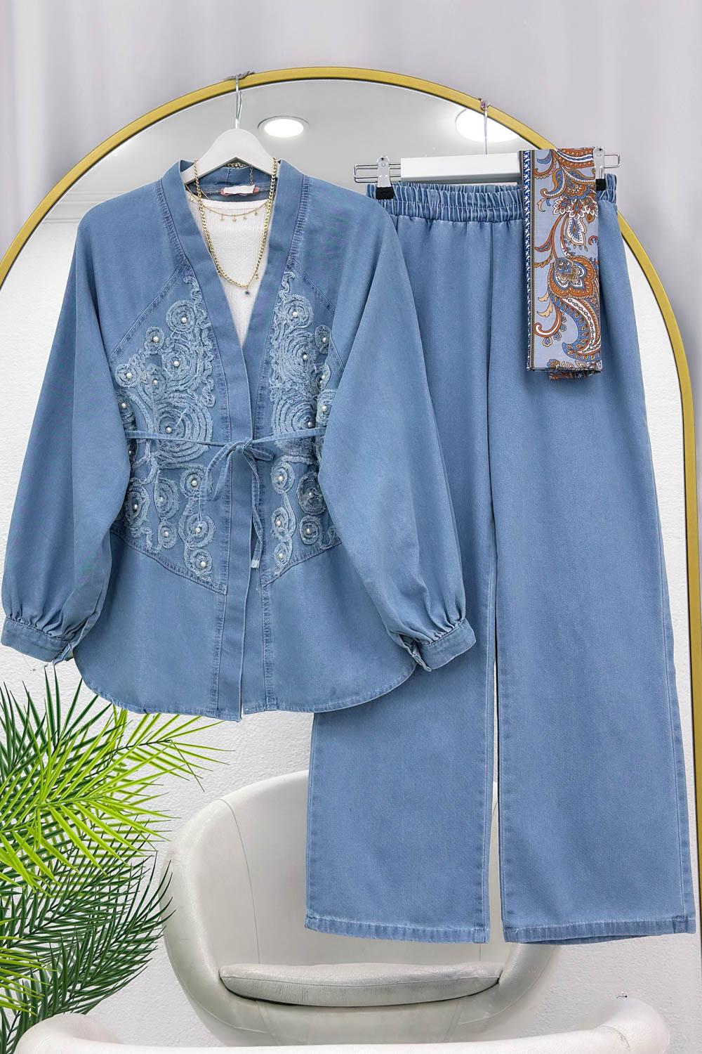 BONCUK  DESENLİ PANTOLONLU KADIN  KOT TAKIM