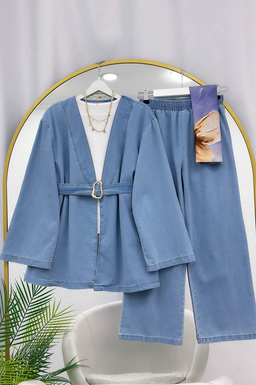 KEMER DETAYLI KİMONO PANTOLONLU TAKIM