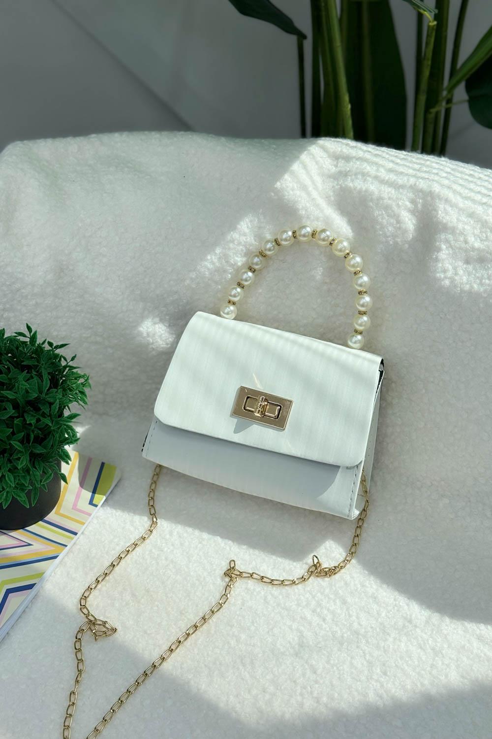 SEVİLLA BEYAZ İNCİLİ SAPLI  ASKILI  KADIN EL VE OMUZ VE  ÇANTASI