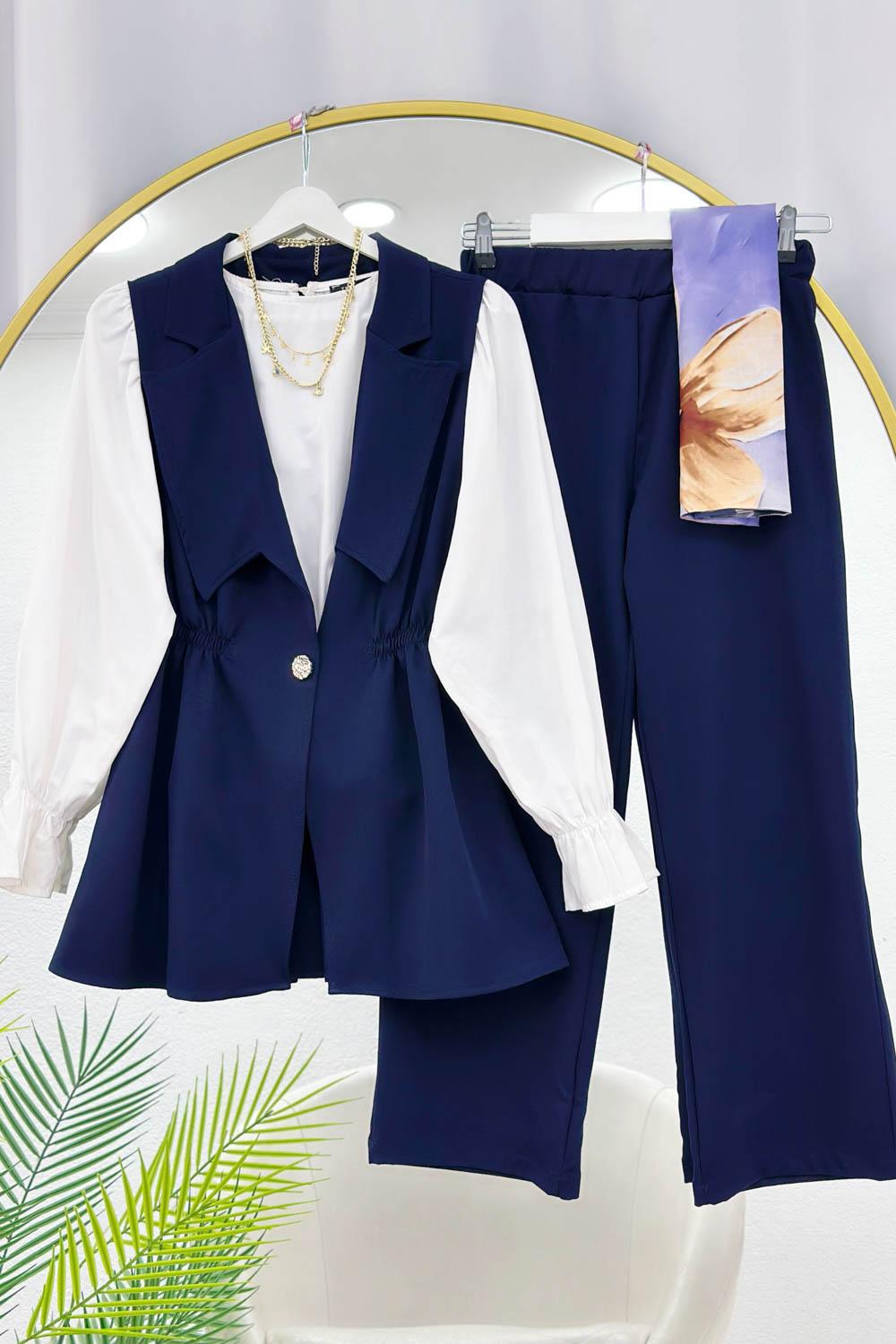 KREP KUMAŞ DÜĞMELİ YELEKLİ KADIN  PANTOLON TAKIM