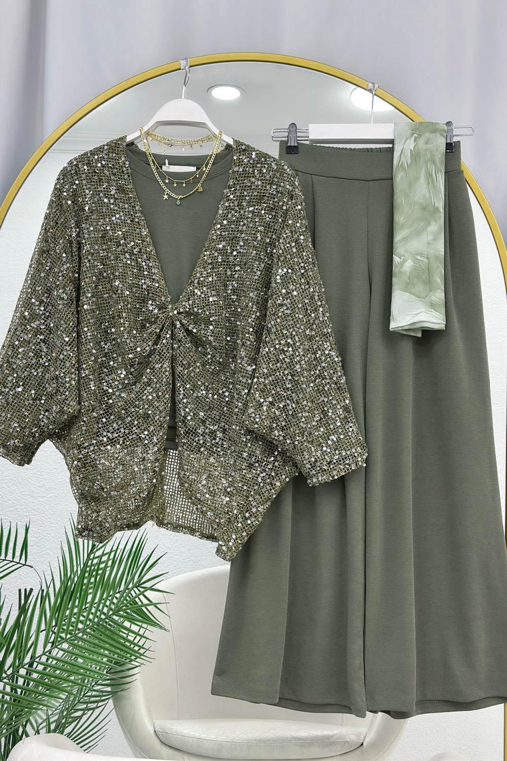 ÜSTÜ PİLELİ PULLU PANTOLONLU  3 LÜ TAKIM