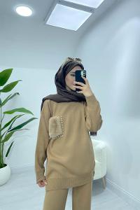 PELÜŞ İNCİ DETAYLI PANTLONLU TAKIM